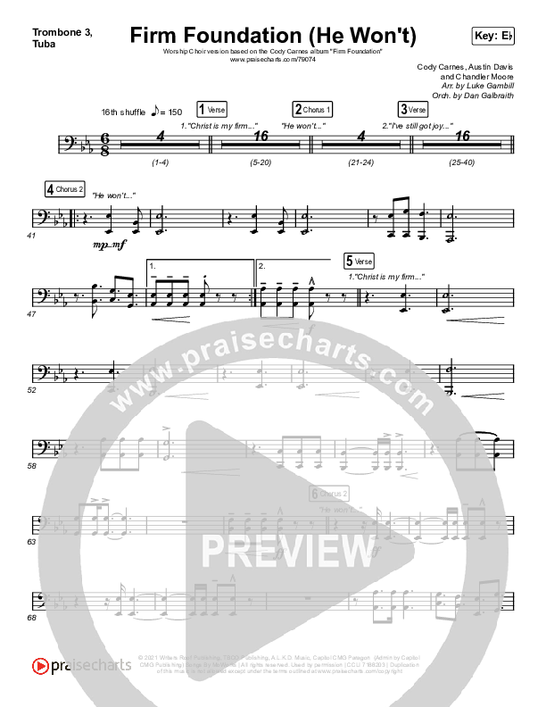 Firm Foundation (He Won't) (Worship Choir SAB) Trombone 3/Tuba (Cody Carnes / Arr. Luke Gambill)