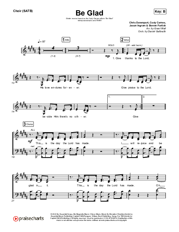 Be Glad Choir Sheet (SATB) (Cody Carnes)