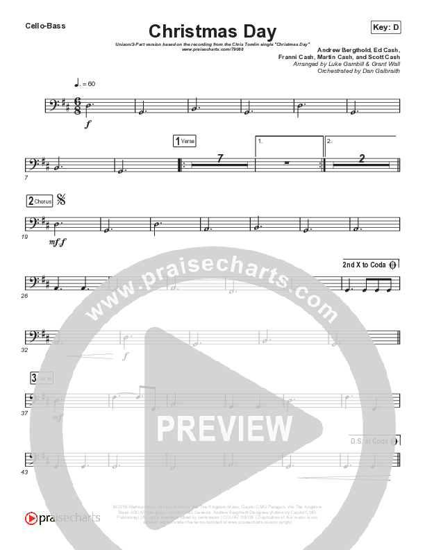 Christmas Day (Unison/2-Part Choir) Cello/Bass (Chris Tomlin / We The Kingdom / Arr. Luke Gambill)