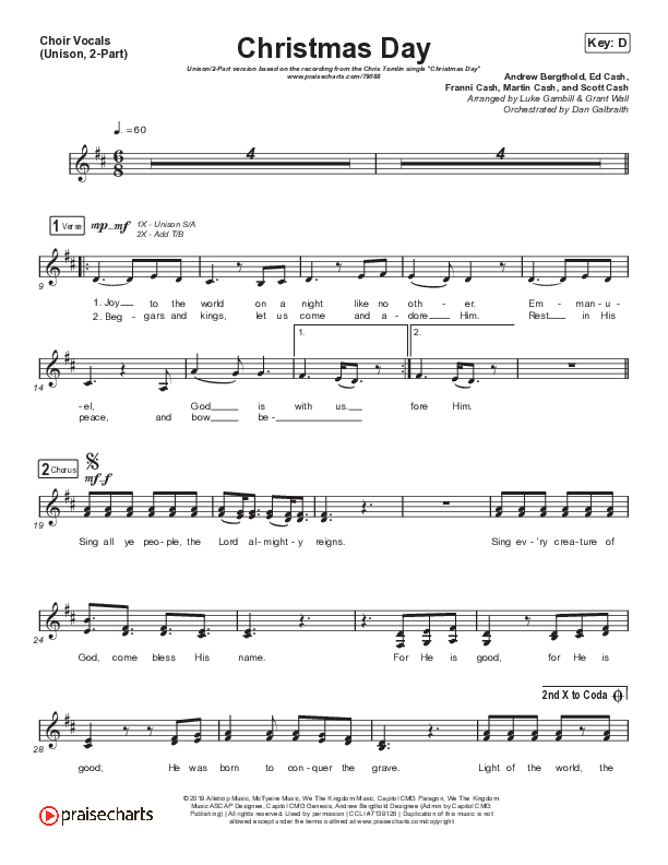 Christmas Day (Unison/2-Part Choir) Choir Vocals (Uni/2-Part) (Chris Tomlin / We The Kingdom / Arr. Luke Gambill)