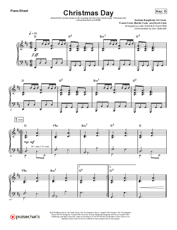 Christmas Day (Unison/2-Part Choir) Piano Sheet (Chris Tomlin / We The Kingdom / Arr. Luke Gambill)