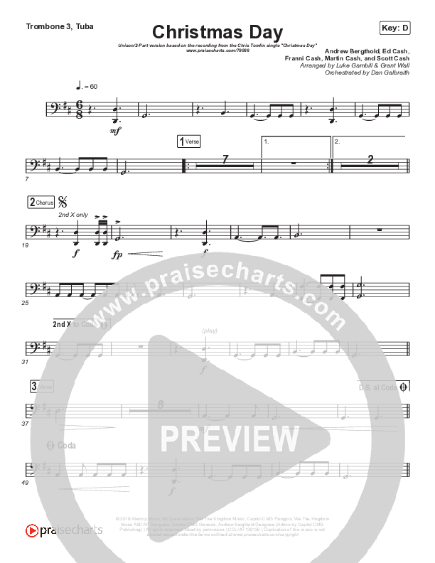 Christmas Day (Unison/2-Part Choir) Trombone 3/Tuba (Chris Tomlin / We The Kingdom / Arr. Luke Gambill)