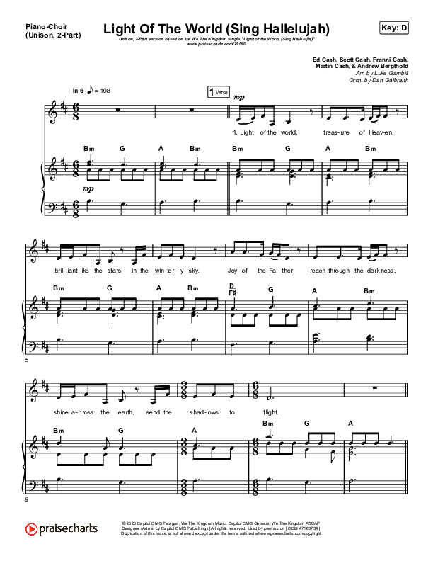 Light Of The World (Sing Hallelujah) (Unison/2-Part ST/AB) Piano/Choir  (Uni/2-Part) (We The Kingdom / Arr. Luke Gambill)