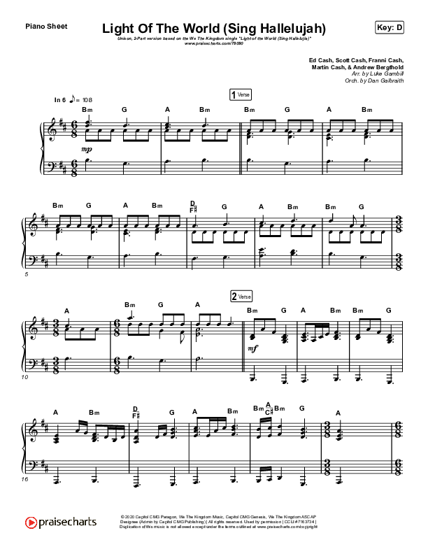 Light Of The World (Sing Hallelujah) (Unison/2-Part Choir) Piano Sheet (We The Kingdom / Arr. Luke Gambill)