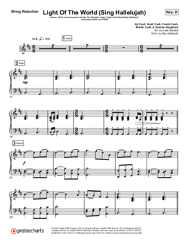 Light Of The World (Sing Hallelujah) (Unison/2-Part Choir) String Reduction (We The Kingdom / Arr. Luke Gambill)