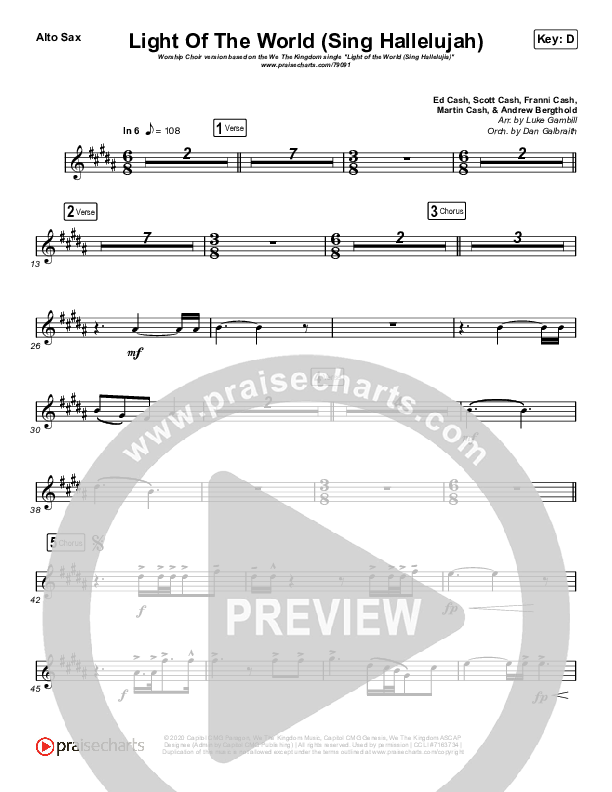 Light Of The World (Sing Hallelujah) (Worship Choir SAB) Alto Sax (We The Kingdom / Arr. Luke Gambill)