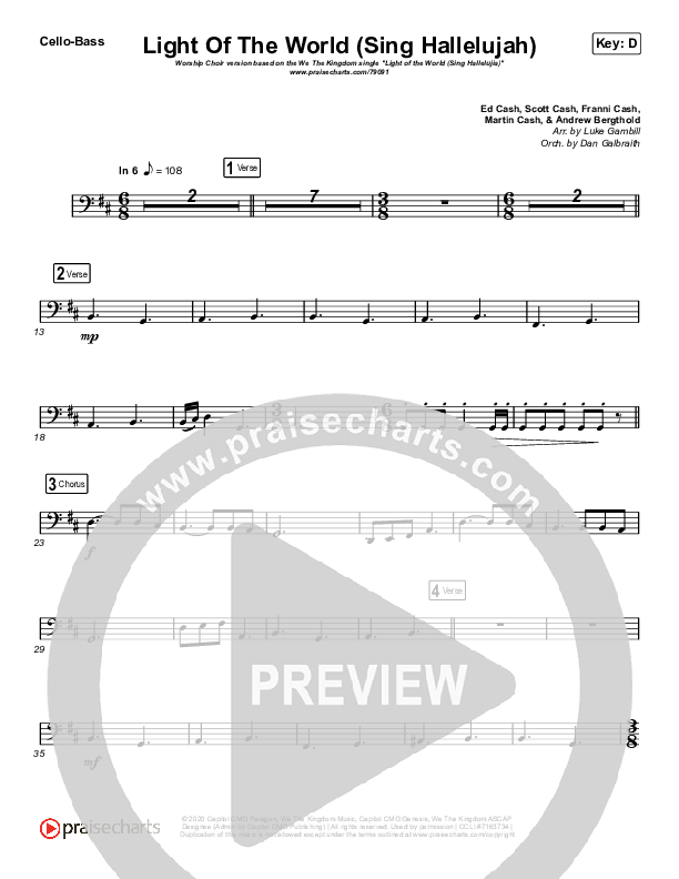 Light Of The World (Sing Hallelujah) (Worship Choir SAB) Cello/Bass (We The Kingdom / Arr. Luke Gambill)