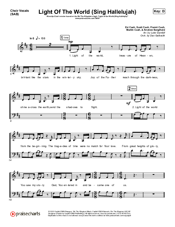 Light Of The World (Sing Hallelujah) (Worship Choir SAB) Choir Sheet (SAB) (We The Kingdom / Arr. Luke Gambill)