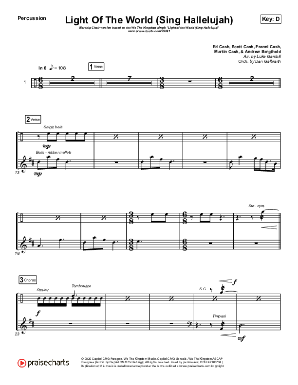 Light Of The World (Sing Hallelujah) (Worship Choir SAB) Percussion (We The Kingdom / Arr. Luke Gambill)