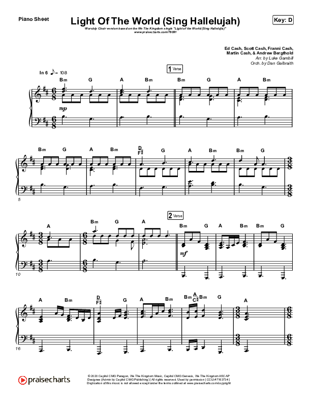 Light Of The World (Sing Hallelujah) (Worship Choir SAB) Piano Sheet (We The Kingdom / Arr. Luke Gambill)