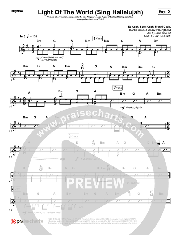 Light Of The World (Sing Hallelujah) (Worship Choir SAB) Rhythm Chart (We The Kingdom / Arr. Luke Gambill)