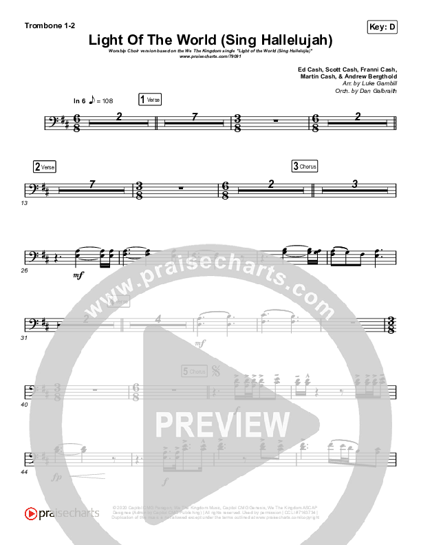 Light Of The World (Sing Hallelujah) (Worship Choir SAB) Trombone 1/2 (We The Kingdom / Arr. Luke Gambill)
