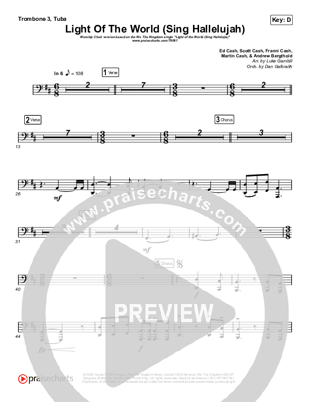 Light Of The World (Sing Hallelujah) (Worship Choir SAB) Trombone 3/Tuba (We The Kingdom / Arr. Luke Gambill)