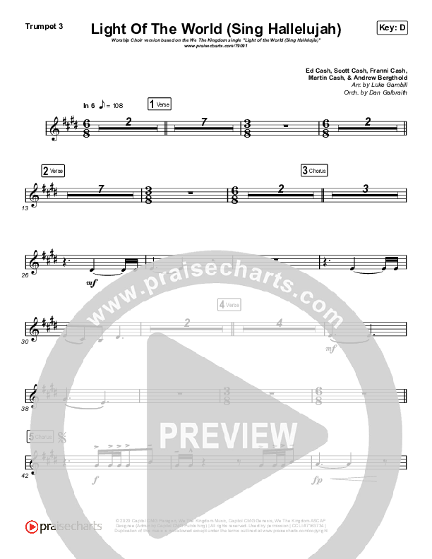 Light Of The World (Sing Hallelujah) (Worship Choir SAB) Trumpet 3 (We The Kingdom / Arr. Luke Gambill)