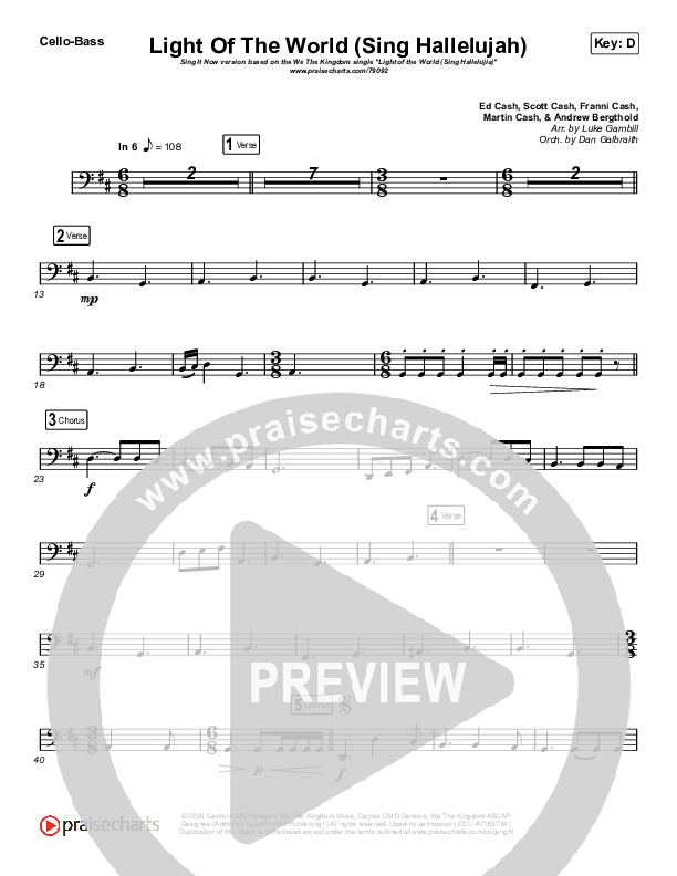 Light Of The World (Sing Hallelujah) (Sing It Now SATB) Cello/Bass (We The Kingdom / Arr. Luke Gambill)