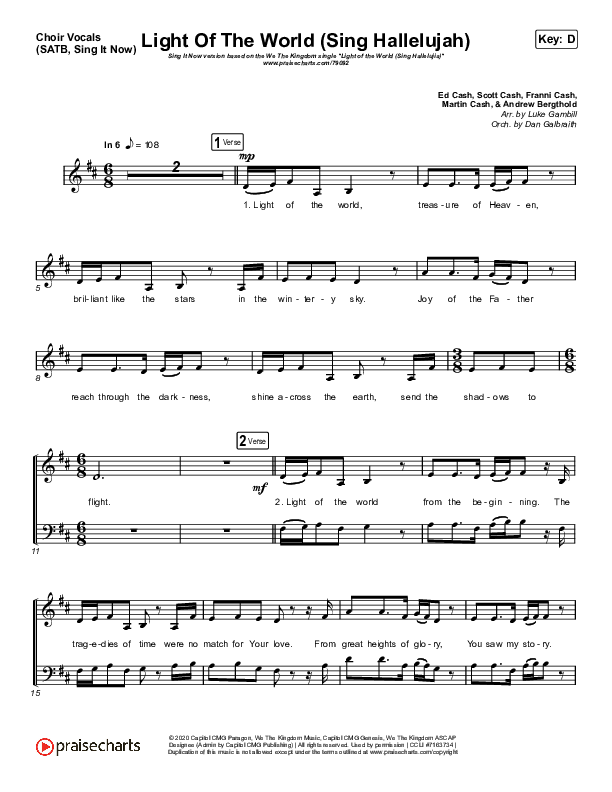 Light Of The World (Sing Hallelujah) (Sing It Now SATB) Choir Sheet (SATB) (We The Kingdom / Arr. Luke Gambill)