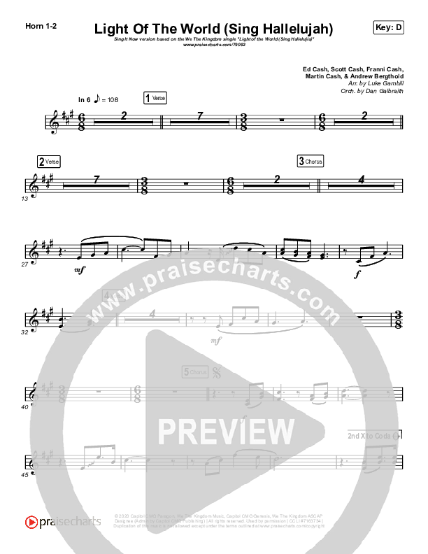 Light Of The World (Sing Hallelujah) (Sing It Now SATB) French Horn 1/2 (We The Kingdom / Arr. Luke Gambill)