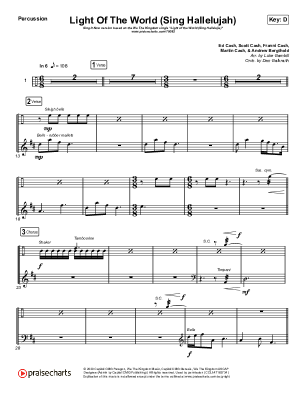 Light Of The World (Sing Hallelujah) (Sing It Now SATB) Percussion (We The Kingdom / Arr. Luke Gambill)
