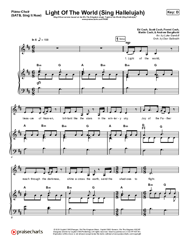 Light Of The World (Sing Hallelujah) (Sing It Now SATB) Piano/Choir (SATB) (We The Kingdom / Arr. Luke Gambill)