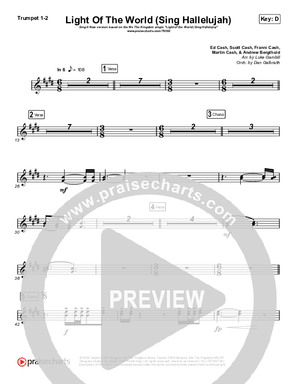 Light Of The World (Sing Hallelujah) (Sing It Now SATB) Trumpet 1,2 (We The Kingdom / Arr. Luke Gambill)