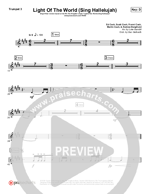 Light Of The World (Sing Hallelujah) (Sing It Now SATB) Trumpet 3 (We The Kingdom / Arr. Luke Gambill)
