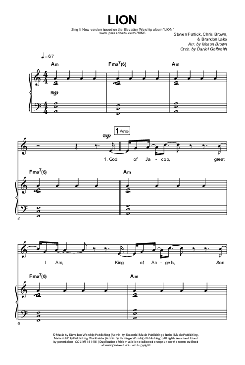 LION (Sing It Now SATB) Octavo (SATB & Pno) (Elevation Worship / Chris Brown / Brandon Lake / Arr. Mason Brown)