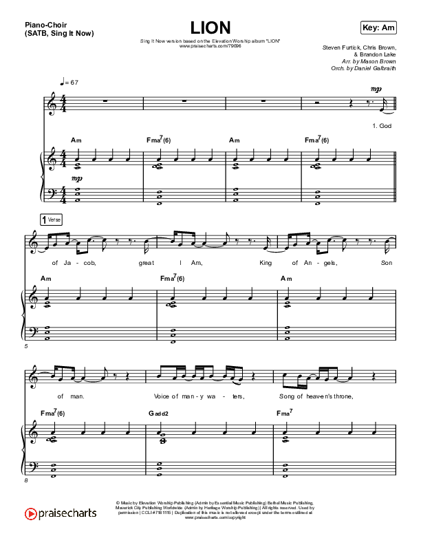 LION (Sing It Now SATB) Piano/Choir (SATB) (Elevation Worship / Chris Brown / Brandon Lake / Arr. Mason Brown)