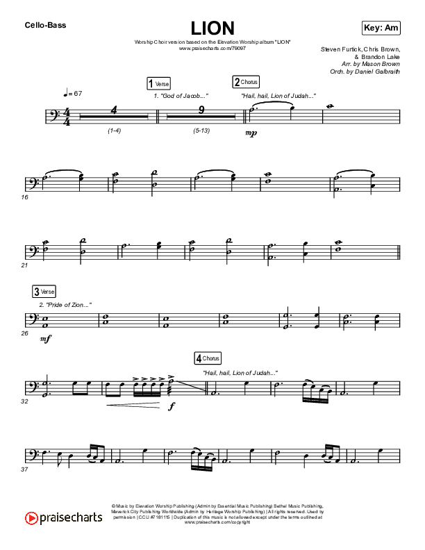 LION (Worship Choir SAB) Cello/Bass (Elevation Worship / Chris Brown / Brandon Lake / Arr. Mason Brown)