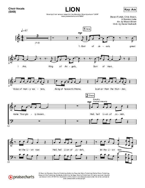 LION (Worship Choir SAB) Choir Sheet (SAB) (Elevation Worship / Chris Brown / Brandon Lake / Arr. Mason Brown)