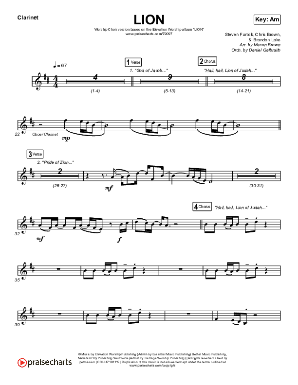 LION (Worship Choir SAB) Clarinet (Elevation Worship / Chris Brown / Brandon Lake / Arr. Mason Brown)