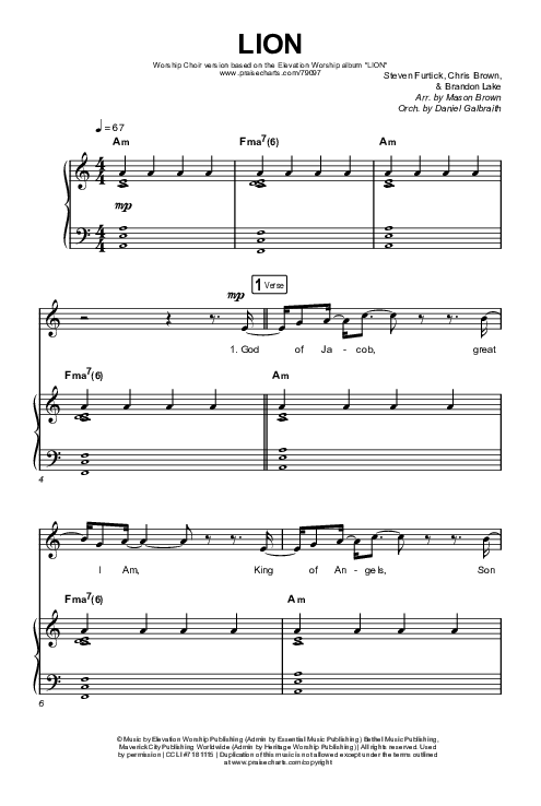 LION (Worship Choir SAB) Octavo (SAB & Pno) (Elevation Worship / Chris Brown / Brandon Lake / Arr. Mason Brown)