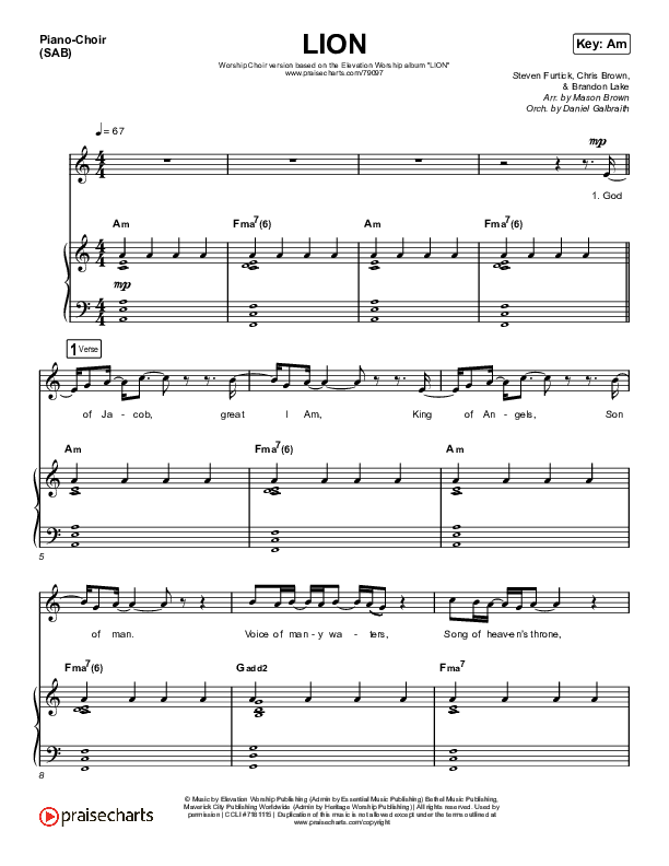 LION (Worship Choir SAB) Piano/Choir (SAB) (Elevation Worship / Chris Brown / Brandon Lake / Arr. Mason Brown)