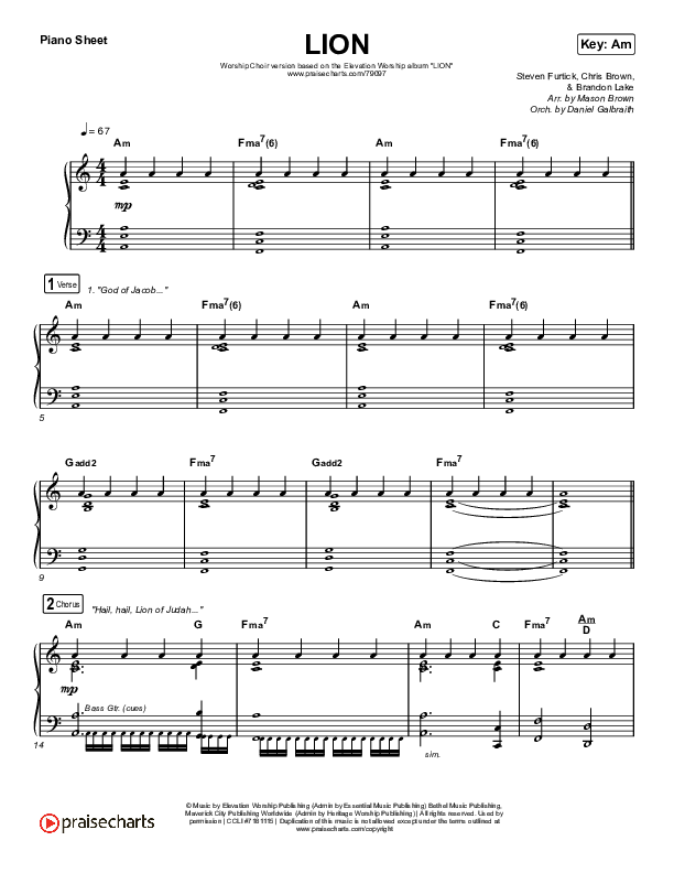 LION (Worship Choir SAB) Piano Sheet (Elevation Worship / Chris Brown / Brandon Lake / Arr. Mason Brown)