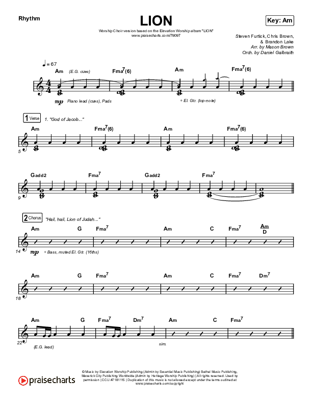 LION (Worship Choir SAB) Rhythm Chart (Elevation Worship / Chris Brown / Brandon Lake / Arr. Mason Brown)