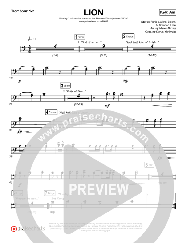 LION (Worship Choir SAB) Trombone 1/2 (Elevation Worship / Chris Brown / Brandon Lake / Arr. Mason Brown)