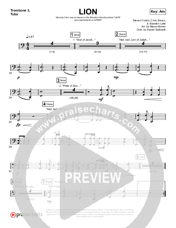 LION (Worship Choir SAB) Trombone 3/Tuba (Elevation Worship / Chris Brown / Brandon Lake / Arr. Mason Brown)