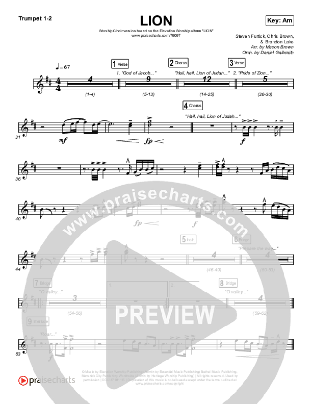 LION (Worship Choir SAB) Trumpet 1,2 (Elevation Worship / Chris Brown / Brandon Lake / Arr. Mason Brown)