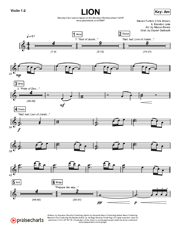 LION (Worship Choir SAB) Violin 1/2 (Elevation Worship / Chris Brown / Brandon Lake / Arr. Mason Brown)