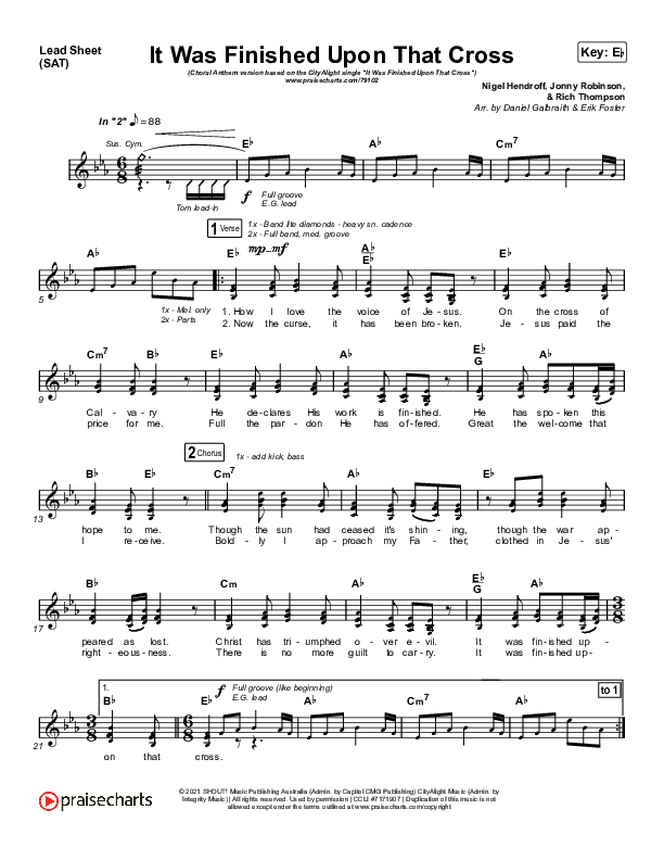 It Was Finished Upon That Cross (Choral Anthem SATB) Lead Sheet (SAT) (CityAlight / Arr. Erik Foster)