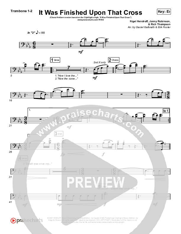 It Was Finished Upon That Cross (Choral Anthem SATB) Trombone 1,2 (CityAlight / Arr. Erik Foster)
