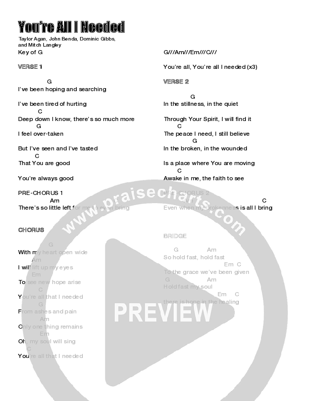 All That I Needed Chord Chart (Mitch Langley)