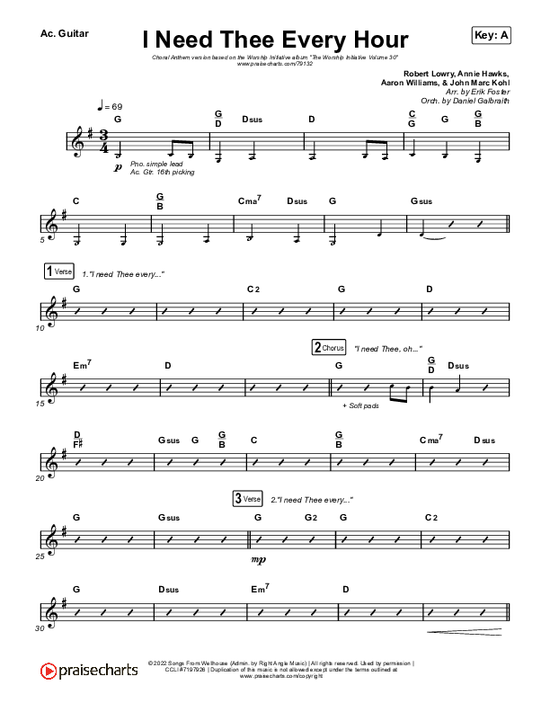 I Need Thee Every Hour (Choral Anthem SATB) Acoustic Guitar (The Worship Initiative / Shane & Shane / Arr. Erik Foster)