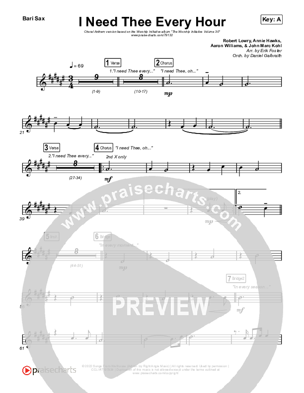 I Need Thee Every Hour (Choral Anthem SATB) Bari Sax (The Worship Initiative / Shane & Shane / Arr. Erik Foster)