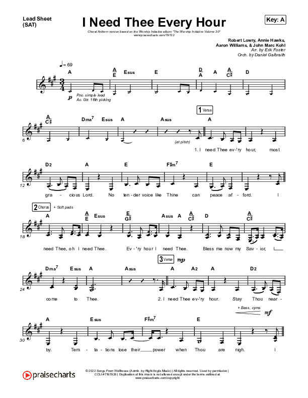 I Need Thee Every Hour (Choral Anthem SATB) Lead Sheet (SAT) (The Worship Initiative / Shane & Shane / Arr. Erik Foster)
