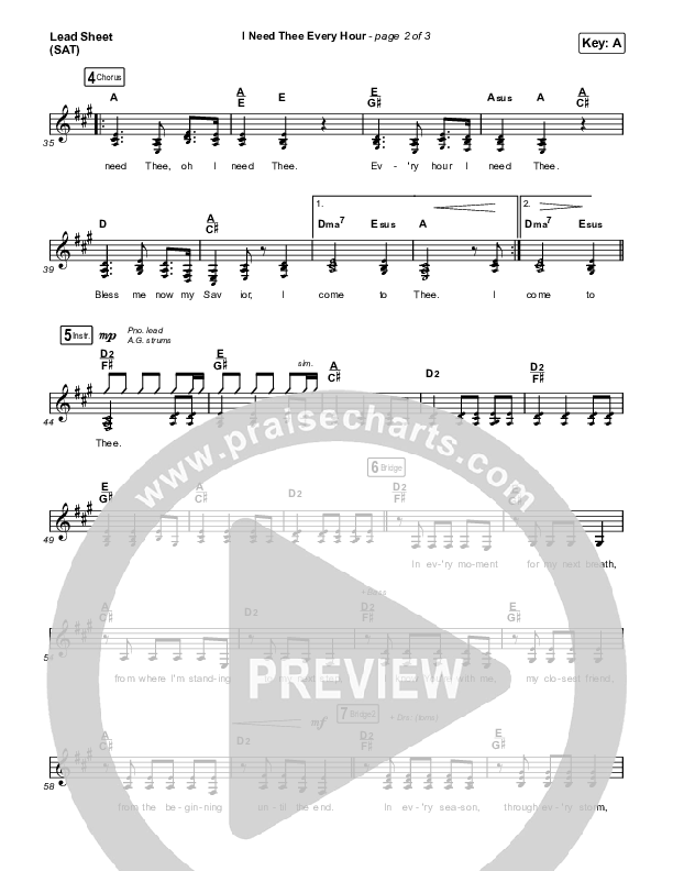 I Need Thee Every Hour (Choral Anthem SATB) Lead Sheet (SAT) (The Worship Initiative / Shane & Shane / Arr. Erik Foster)
