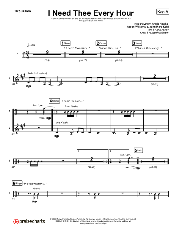 I Need Thee Every Hour (Choral Anthem SATB) Percussion (The Worship Initiative / Shane & Shane / Arr. Erik Foster)