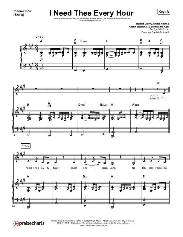 I Need Thee Every Hour (Choral Anthem SATB) Piano/Vocal (SATB) (The Worship Initiative / Shane & Shane / Arr. Erik Foster)