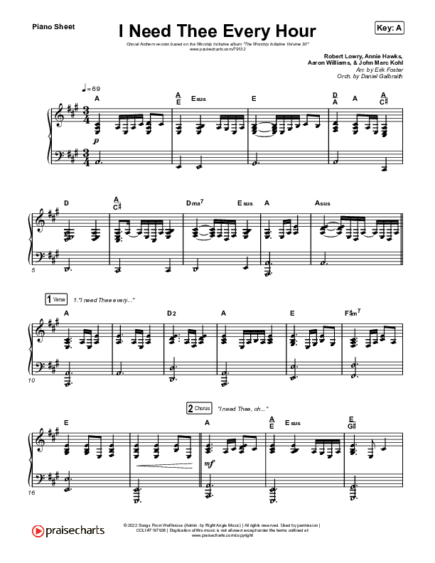 I Need Thee Every Hour (Choral Anthem SATB) Piano Sheet (The Worship Initiative / Shane & Shane / Arr. Erik Foster)