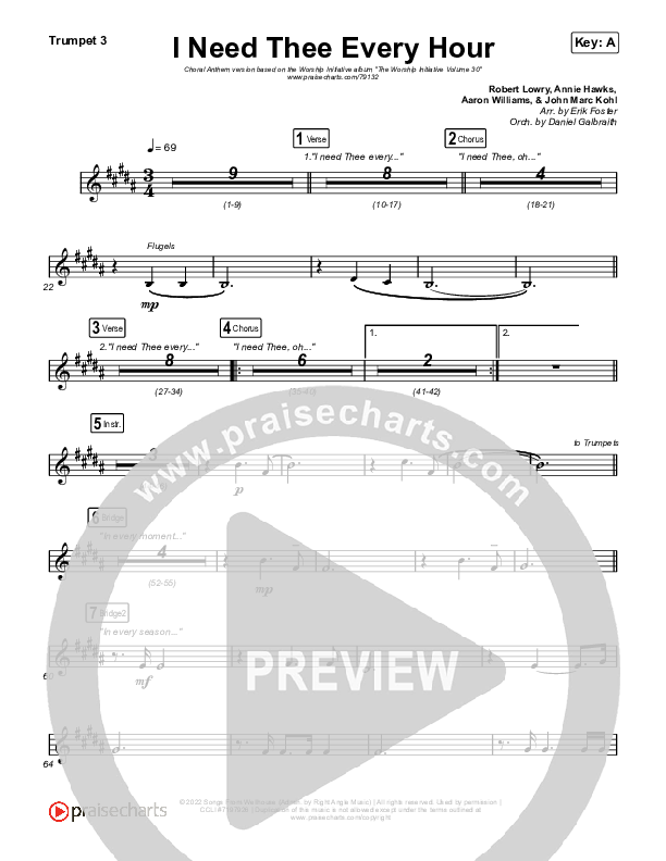 I Need Thee Every Hour (Choral Anthem SATB) Trumpet 3 (The Worship Initiative / Shane & Shane / Arr. Erik Foster)