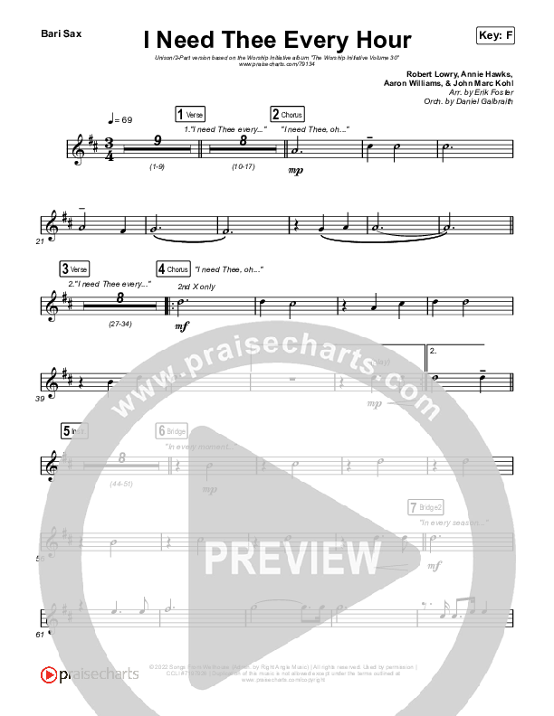 I Need Thee Every Hour (Unison/2-Part Choir) Bari Sax (The Worship Initiative / Shane & Shane / Arr. Erik Foster)